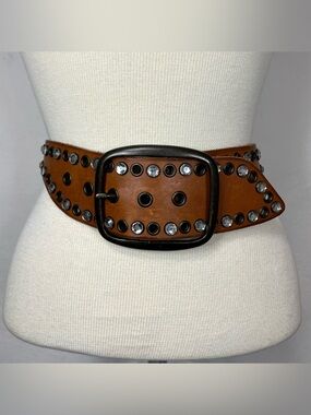 GAP Wide Tan Leather Studded Waist Belt with Crystal Accents